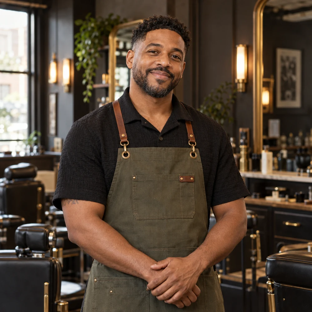 Marcus, the fictional demo barber, smiling in The Chair barbershop