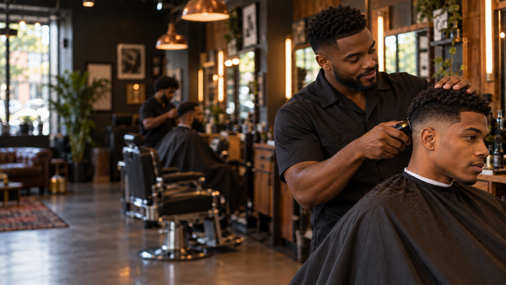 Black barber giving a Black client a precise taper fade in a welcoming neighborhood barbershop