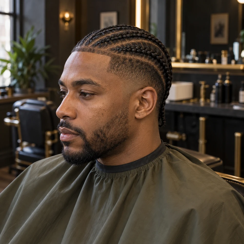 Black man with straight-back cornrows, temple taper and a short beard