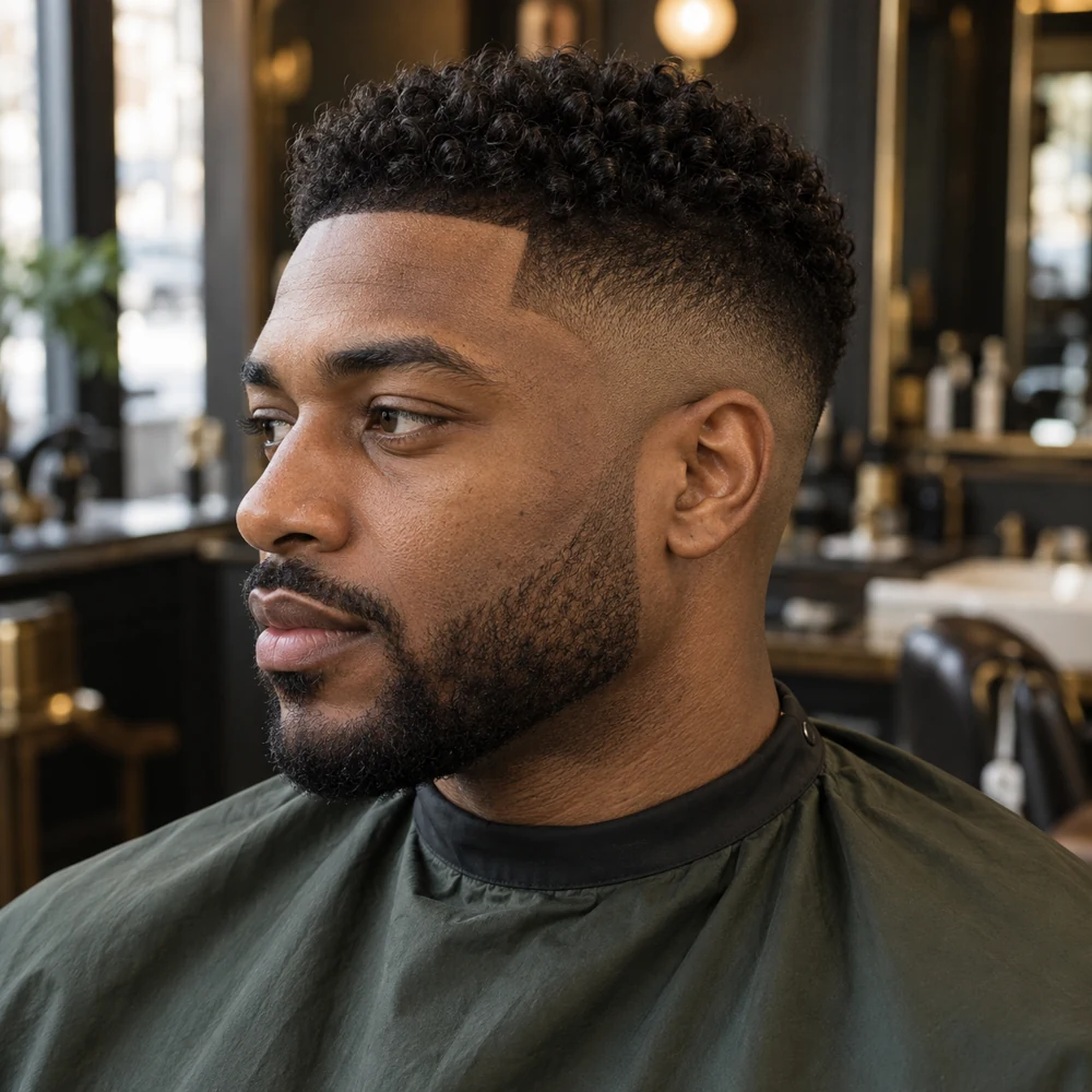 Black man with a precise mid skin fade, textured curls and a short boxed beard