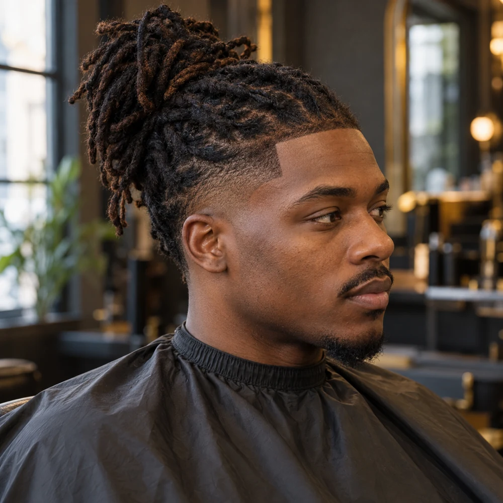 Black man with tied-up locs and a clean temple taper