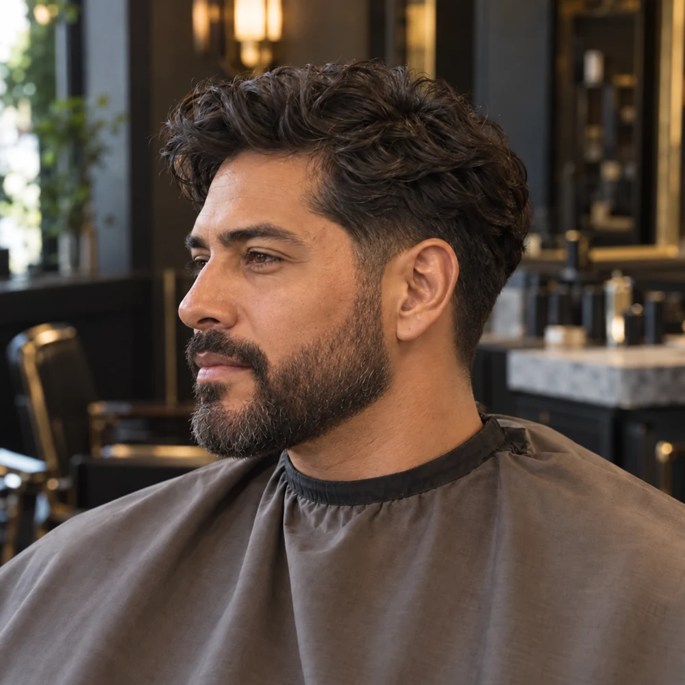 Latino man with a wavy scissor cut, low taper and a full, sculpted boxed beard