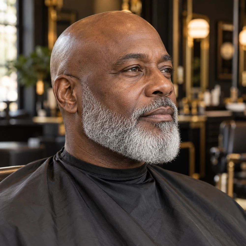 Older bald Black man with an immaculate full silver-gray beard and clean cheek and neck lines