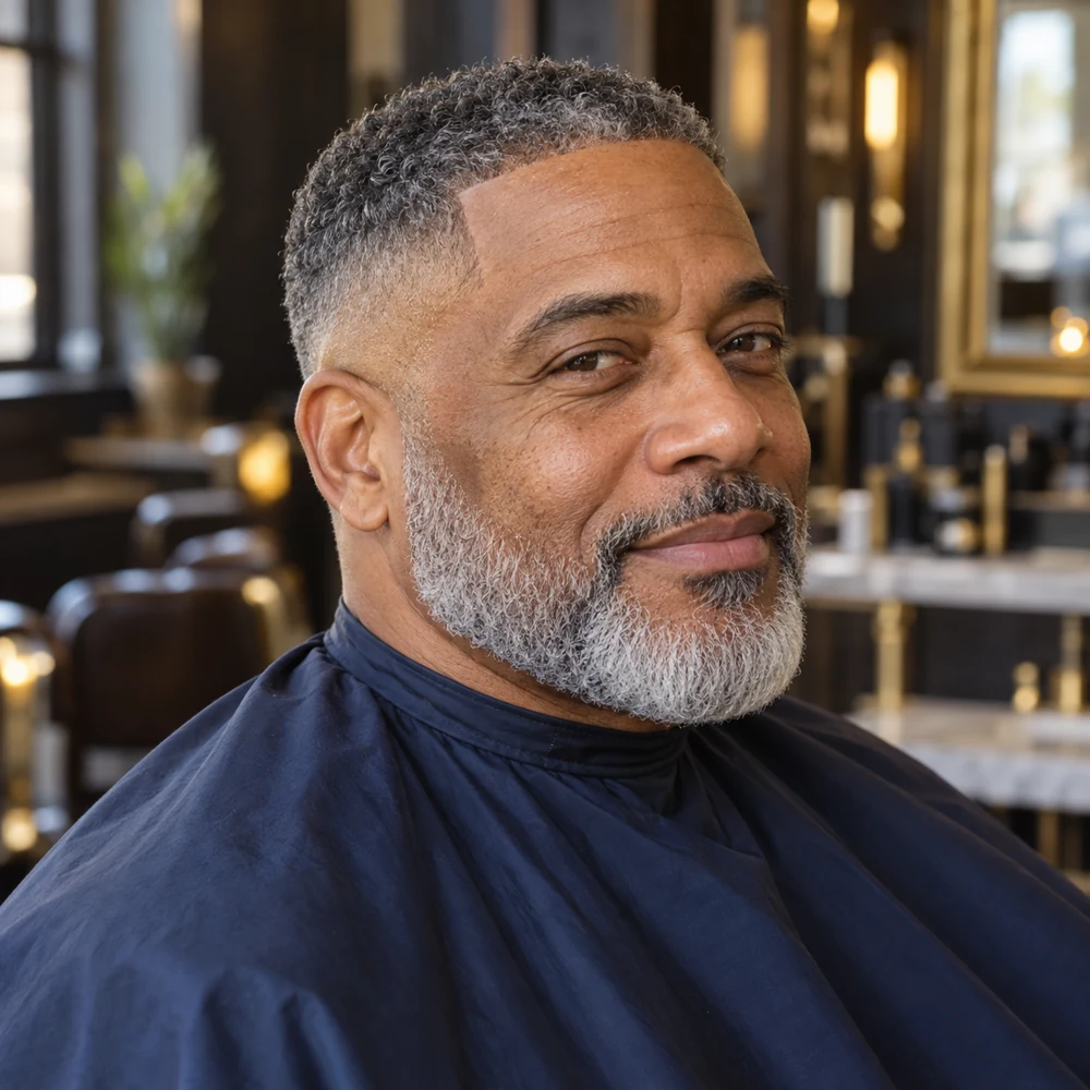 Older Black man with a sharp salt-and-pepper low fade and precisely shaped gray beard