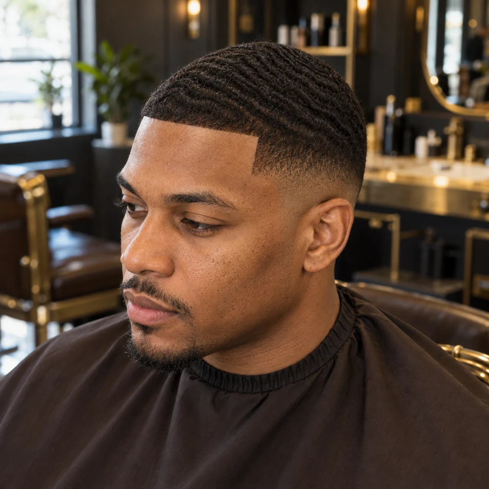Black man with defined 360 waves, low fade and neatly trimmed goatee