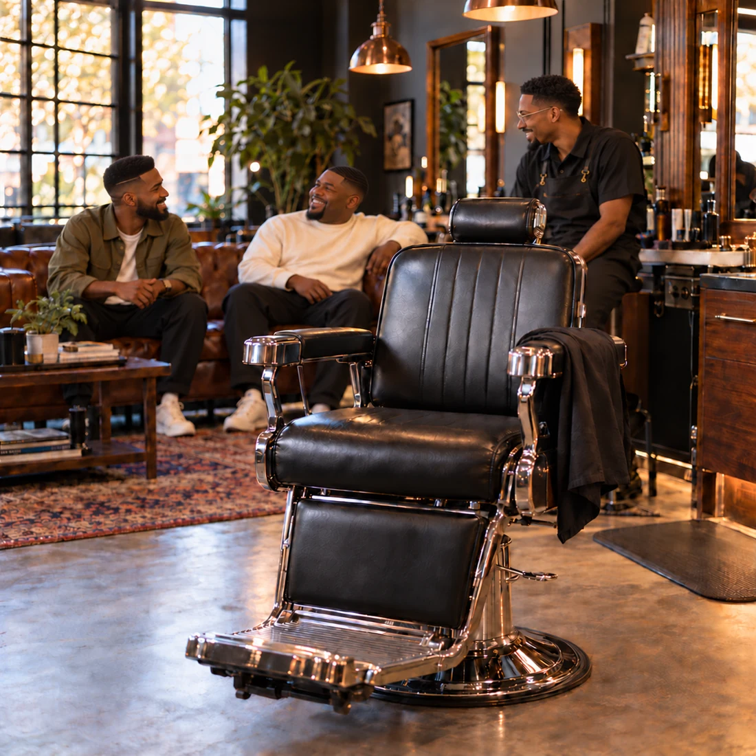 A welcoming barbershop with a leather chair and three men talking, all with short well-proportioned facial hair